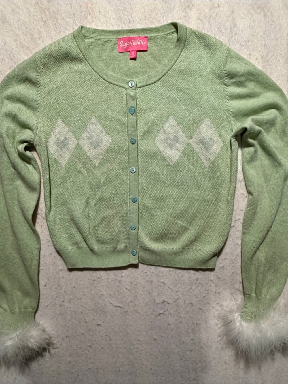 Sugar Thrillz Mint Green Argyle Cardigan with Faux Fur Cuffs